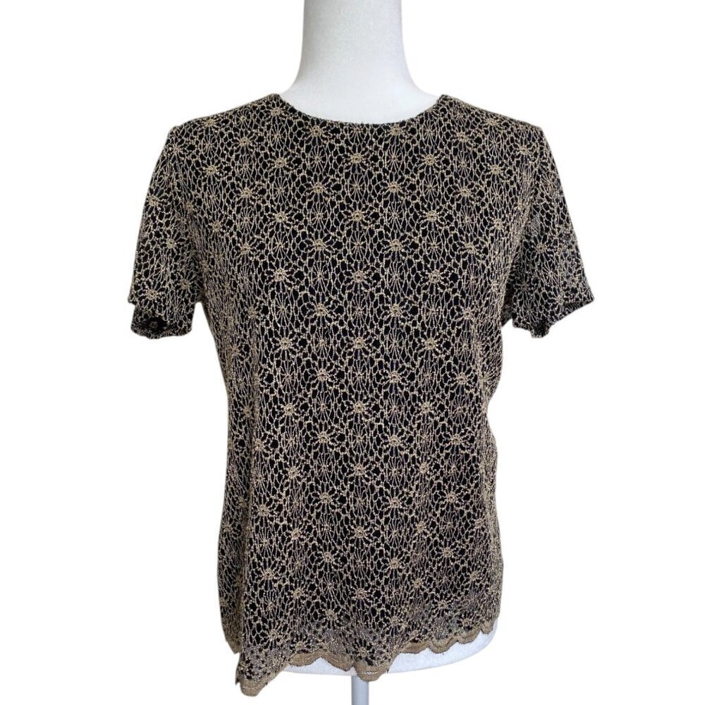 Vintage Shimmery Nicola Floral Lace Blouse Stretch Large Black and Gold